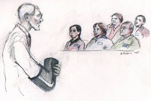 In his opening statement to the jury, Plaintiffs' lead counsel Dennis Cunningham shows the jury one of the "black bear" lockboxes used by activists when they were swabbed and sprayed with pepper spray in 1997. Courtroom graphics by K. Rudin.