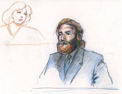 Plaintiff Mike McCurdy in the witness box; Judge Susan Illston in background. Courtroom graphics by K. Rudin.